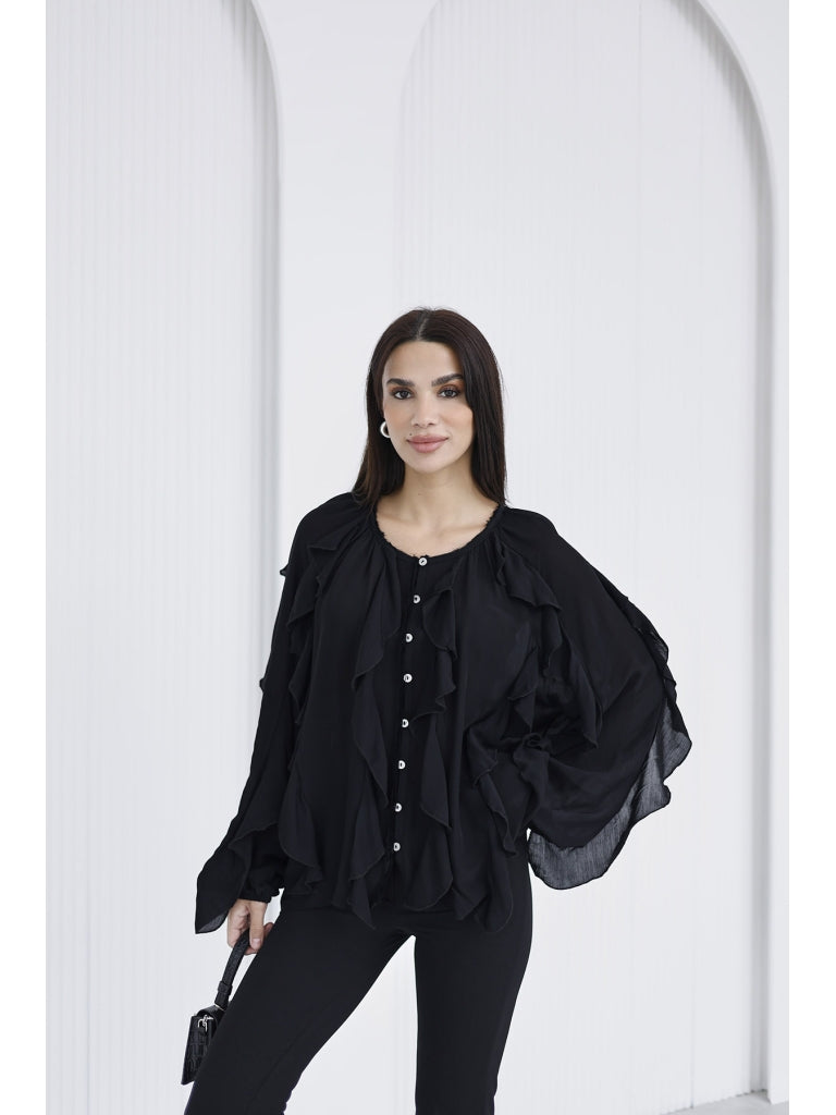 Siyah Katlı Volanlı Bluz 5025-SİYAH