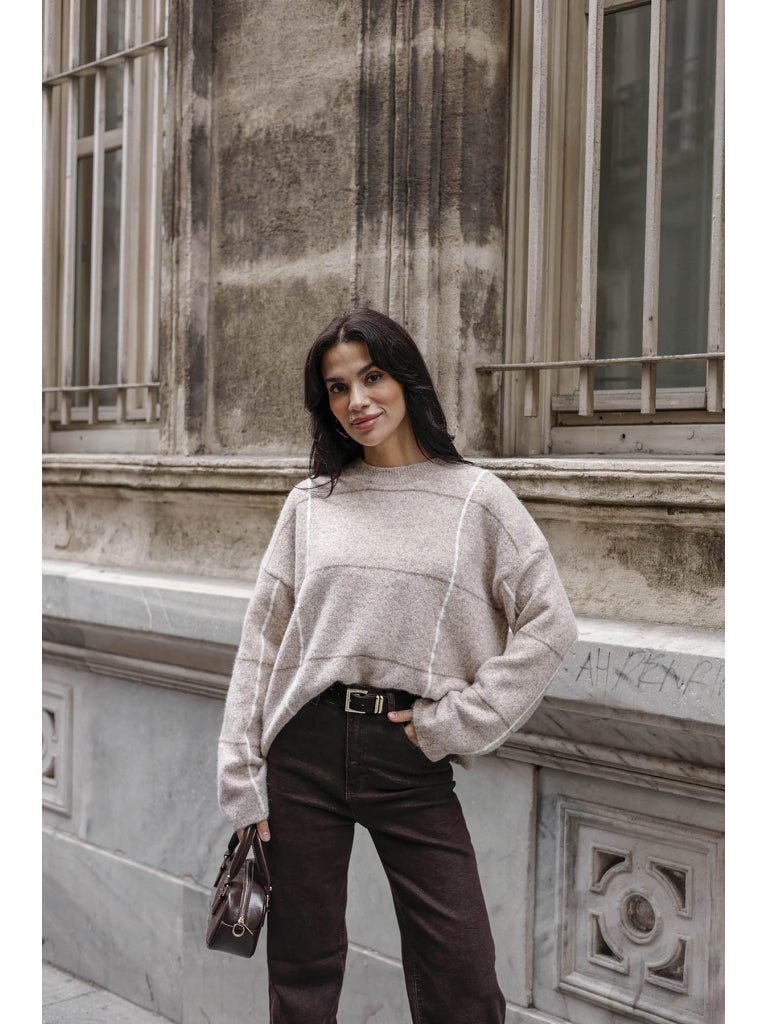 Taş Yumoş Ekoseli Elitli Triko Kazak 2613-Taş