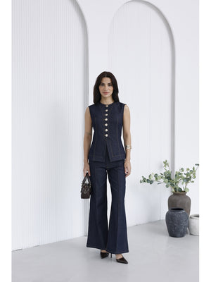 Mavi Gold Düğmeli İnce Denim Takım 18053-Mavi