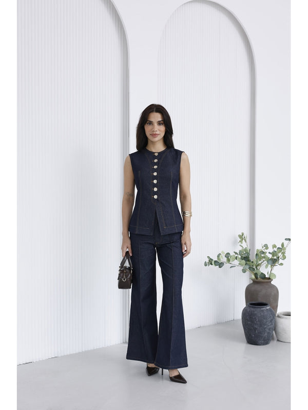 Mavi Gold Düğmeli İnce Denim Takım 18053-Mavi