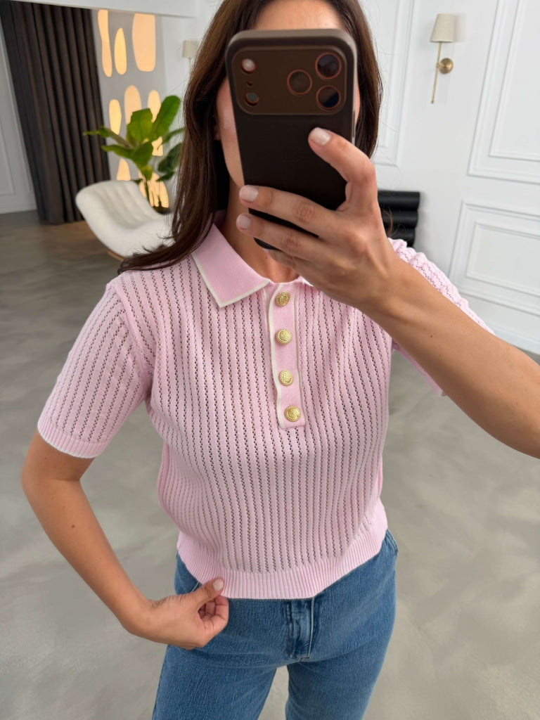 Pembe Ajurlu Gold Düğmeli İnce Triko Bluz 2771-Pembe
