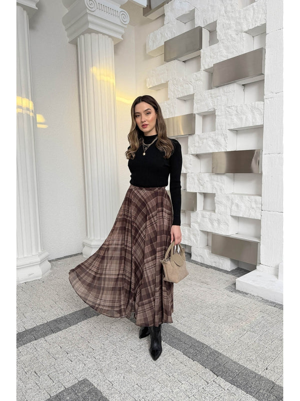 Kahverengi  Ekose Detaylı Şifon Etek 0613-Kahve