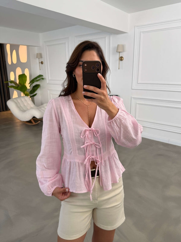 Pembe Ön Bağlamalı Keten Bluz 1074-Pembe
