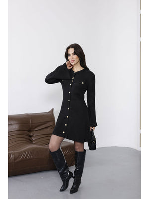 Siyah Uzun Kol Gold Düğmeli Triko Elbise 0159-Siyah