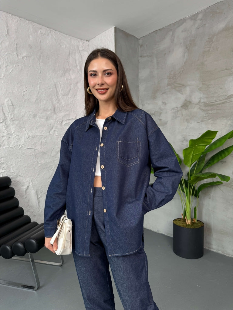 Mavi Dikiş Detaylı İnce Denim Gömlek
