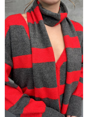 Kırmızı Çizgili Atkılı Hırka 2569-Kırmızı