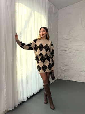 Vizon Baklava Desen Etek Kazak Takım 2575-Vizon