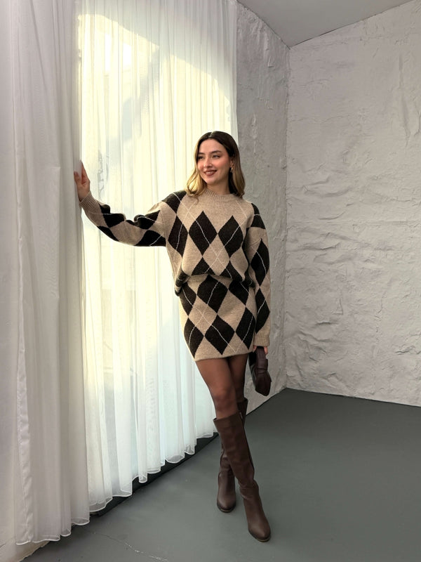 Vizon Baklava Desen Etek Kazak Takım 2575-Vizon