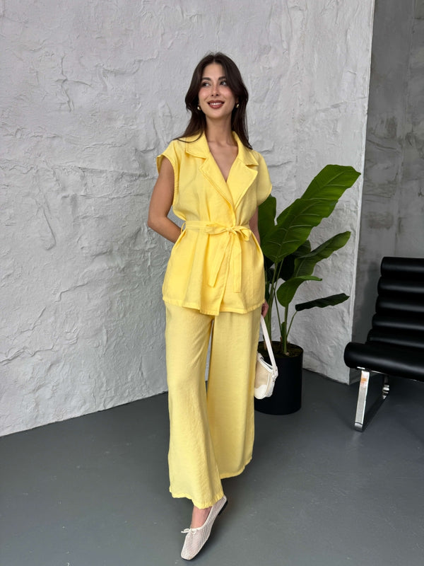 Sarı Tencel Yelek Pantolon Takım