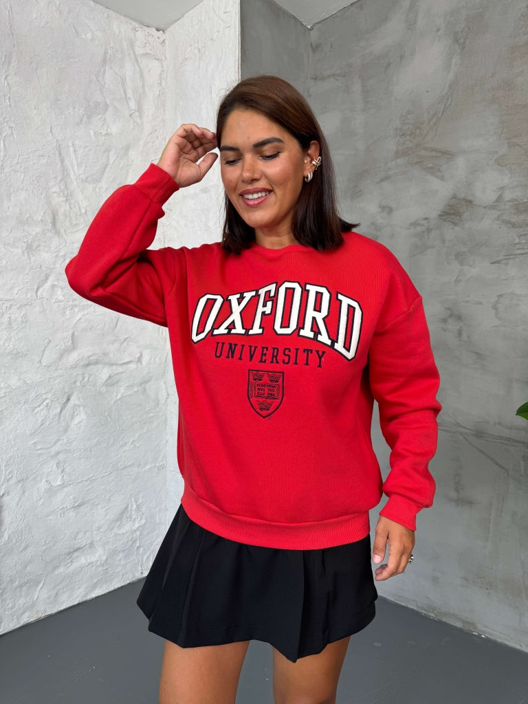 Kırmızı Oxford Nakışlı Bisiklet Yaka Sweat