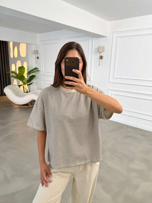 Ekru Çizgili Orj Marka Oversize Tshirt 6274-Ekru