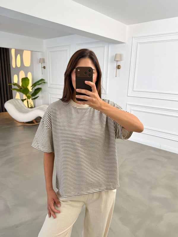 Ekru Çizgili Orj Marka Oversize Tshirt 6274-Ekru