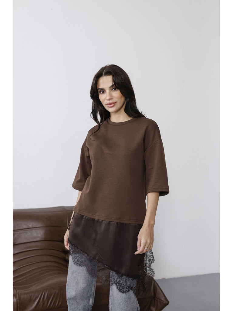 Kahverengi Dantelli Bluz 0771-Kahverengi