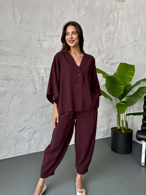 Mürdüm Tek Düğmeli Bluz Pantolon Takım