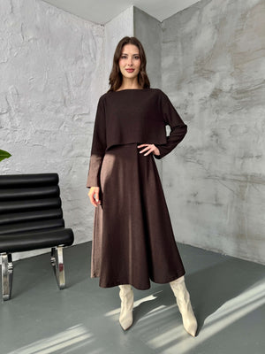 Kahve Bluzlu Elbise İkili Takım 7634-Kahve