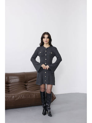Antrasit Uzun Kol Gold Düğmeli Triko Elbise 0159-Antrasit