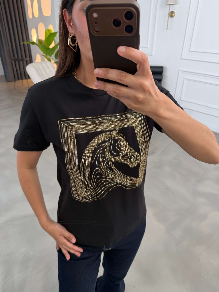 Siyah Desen Taşlı Tshirt 8717-Siyah