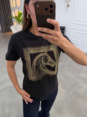 Siyah Desen Taşlı Tshirt 8717-Siyah