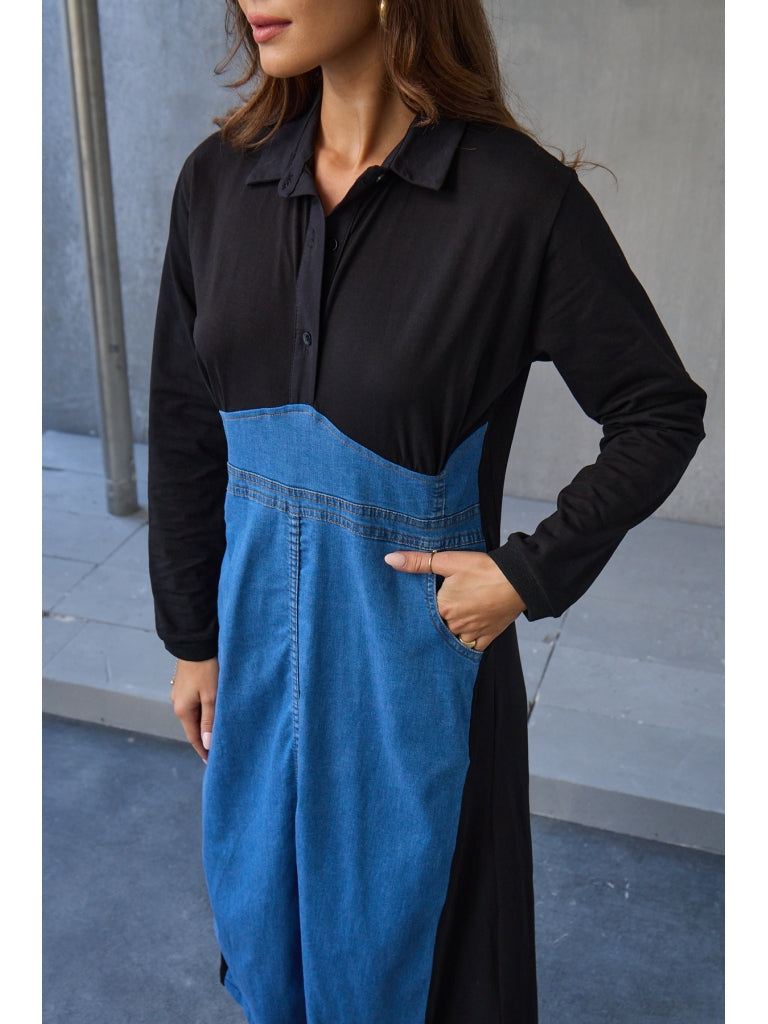 Siyah Jean Detaylı Gömlek Yaka Elbise 8132