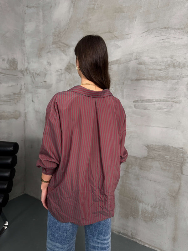 Bordo Gri Çizgili Oversize Gömlek