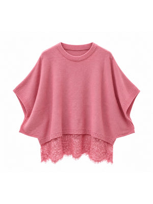 Pembe Etek Ucu Dantelli Yarasa Kol Triko 2716-Pembe