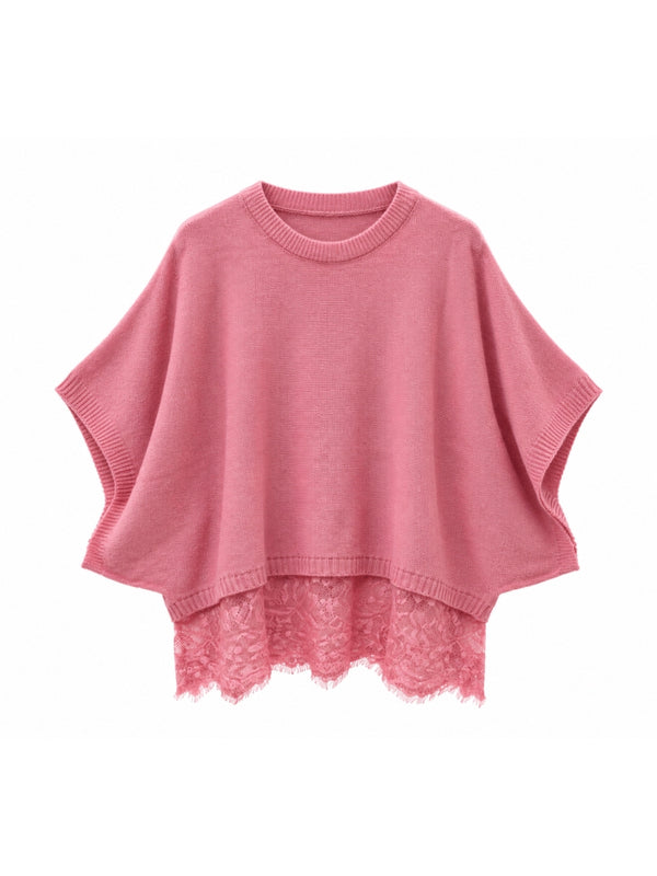 Pembe Etek Ucu Dantelli Yarasa Kol Triko 2716-Pembe