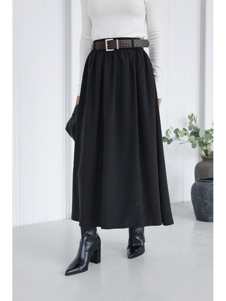 Siyah Deri Kemerli Pileli Etek 0727-SİYAH