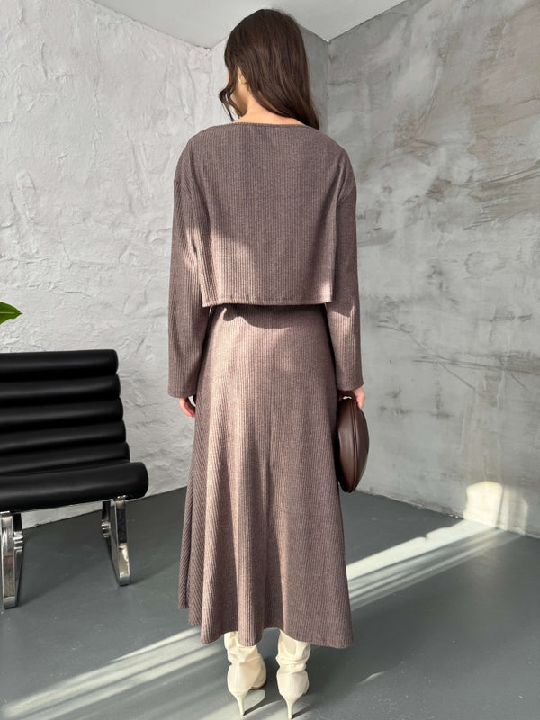 Kahverengi Bluzlu Elbise Selanik Takım 7720-Kahve