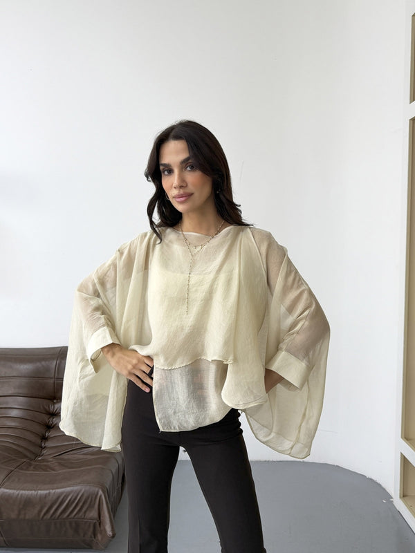 Taş Tencel Pelerin Bluz 5026-TAŞ