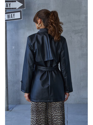 Siyah Kuşaklı Ara Boy Deri Trenç EY2377-Siyah