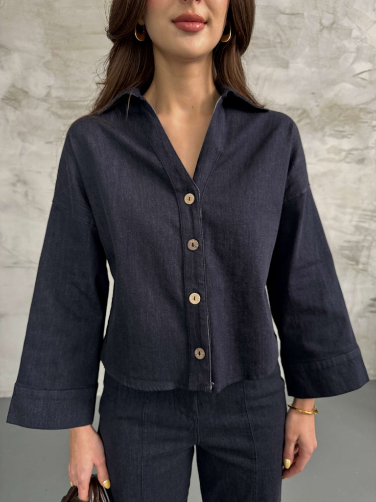 Lacivert Geniş Kol Denim Takım