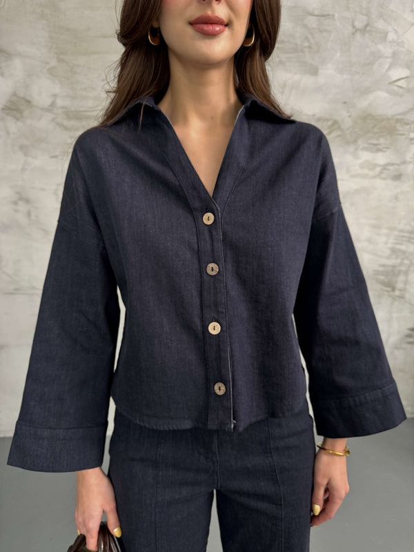 Lacivert Geniş Kol Denim Takım