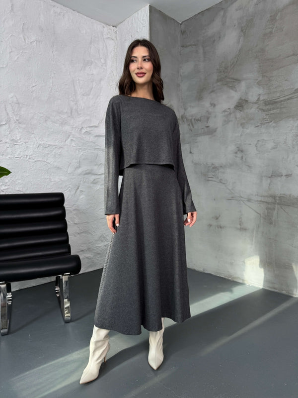Antrasit Bluzlu Elbise Selanik Takım 7720-Antrasit