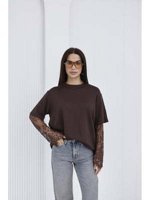 Kahverengi Güpür Kollu Bluz EY0302-Kahverengi