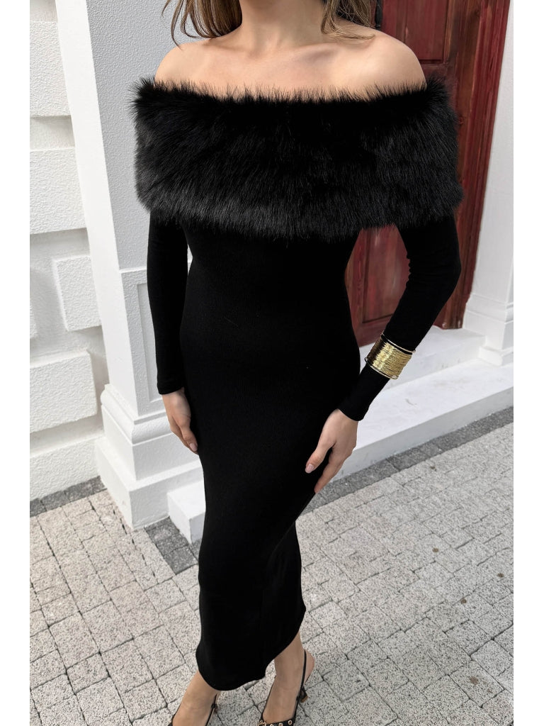 Siyah Madonna Kürk Yakalı Elbise 00515-Siyah