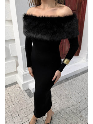 Siyah Madonna Kürk Yakalı Elbise 00515-Siyah