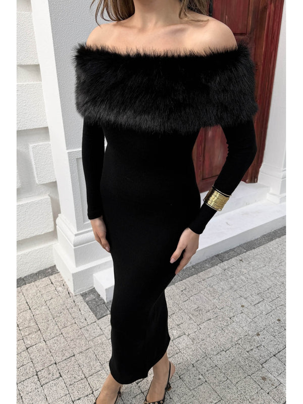 Siyah Madonna Kürk Yakalı Elbise 00515-Siyah