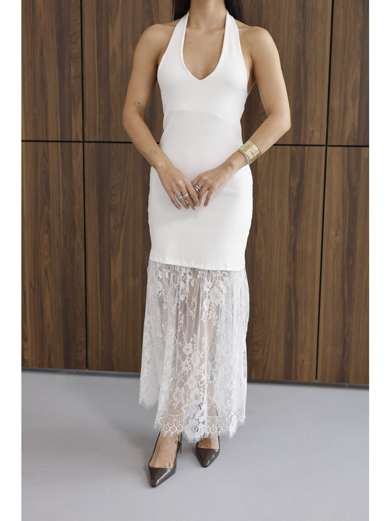 Ekru Sırt Dekolteli Dantel Detay Elbise 4106-Ekru