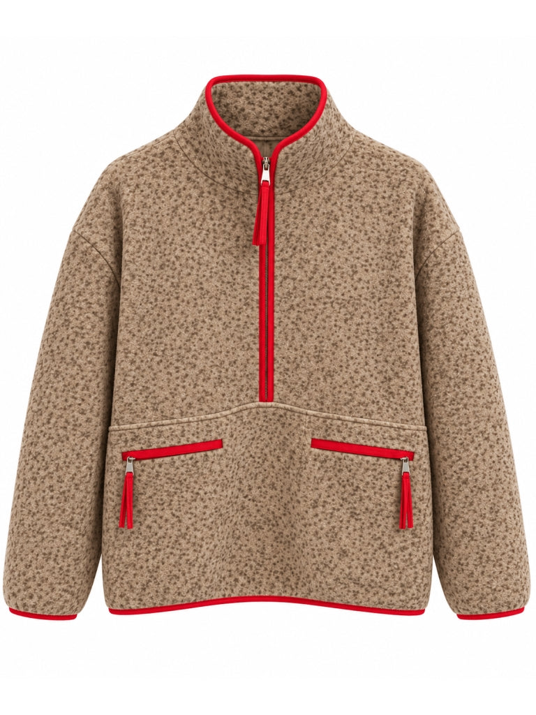 Kahverengi Yarım Fermuarlı Peluş Sweat 4247-Kahverengi