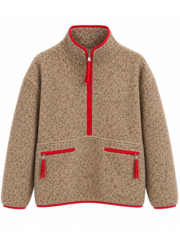 Kahverengi Yarım Fermuarlı Peluş Sweat 4247-Kahverengi