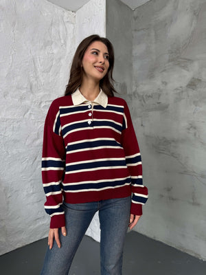 Bordo Çizgili Polo Yaka Triko Kazak