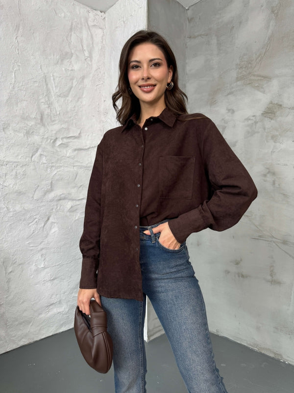 Kahverengi ÇıtÇıtlı Süet Gömlek 580570-Kahve