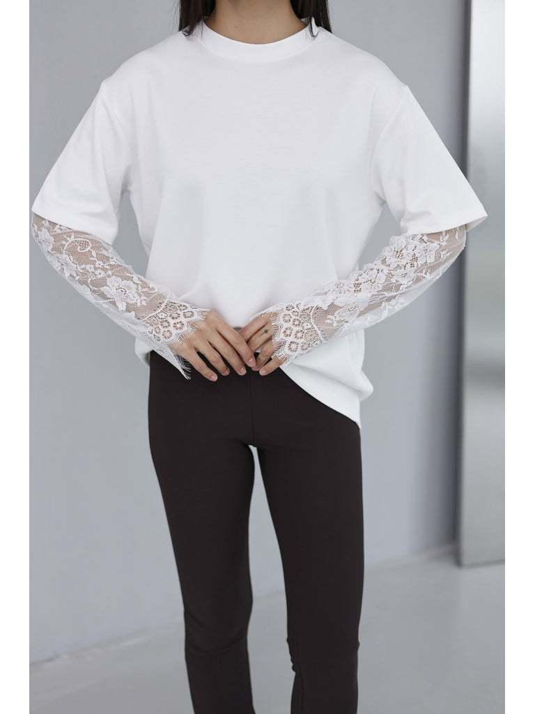 Ekru Güpür Kollu Bluz EY0302-Ekru