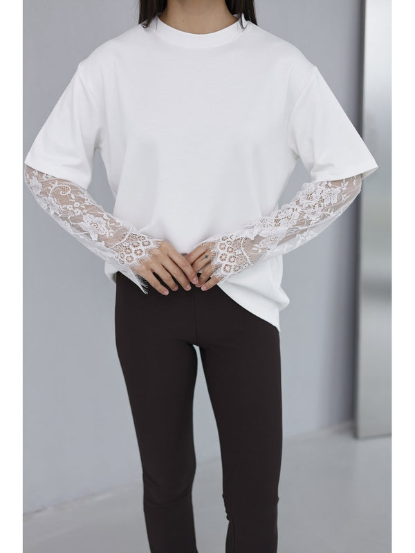 Ekru Güpür Kollu Bluz EY0302-Ekru