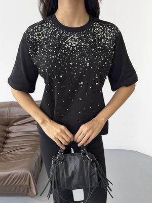 Siyah Yakası Taş İşlemeli Tshirt 8202-Siyah