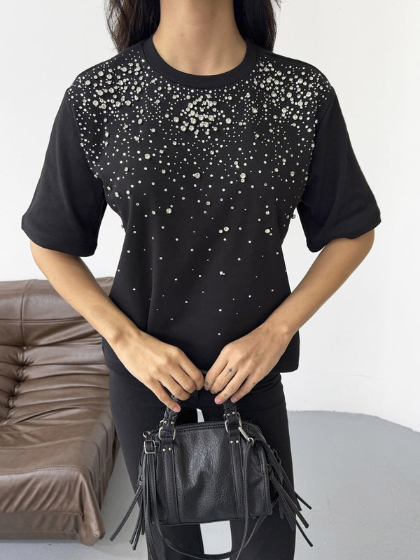 Siyah Yakası Taş İşlemeli Tshirt 8202-Siyah