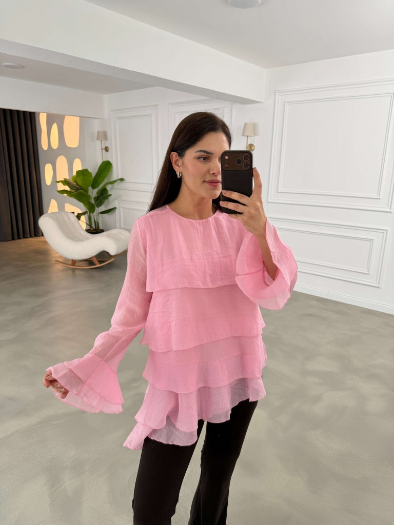 Pembe Fırfırlı Transparan Bluz 5049-Pembe
