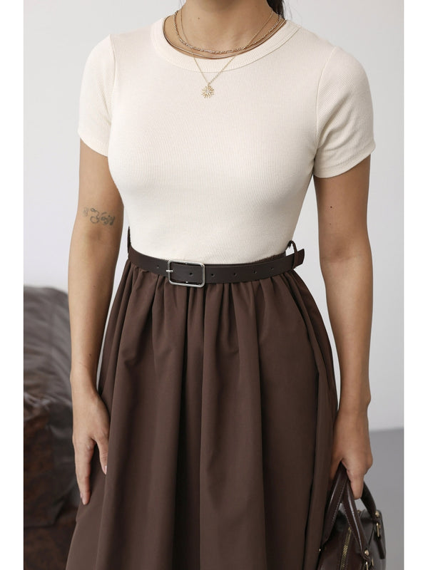 Kahve Kemerli Maxi Kısa Kollu Elbise 2017-Kahve