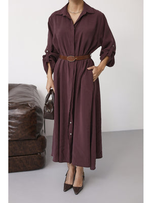 Mürdüm Tensel Kemerli Gömlek Elbise EYY3270-Mürdüm
