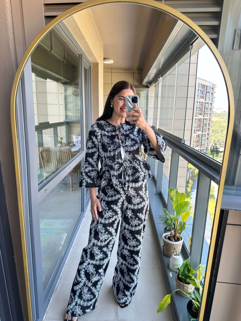 Siyah Nakışlı Kimono Takım